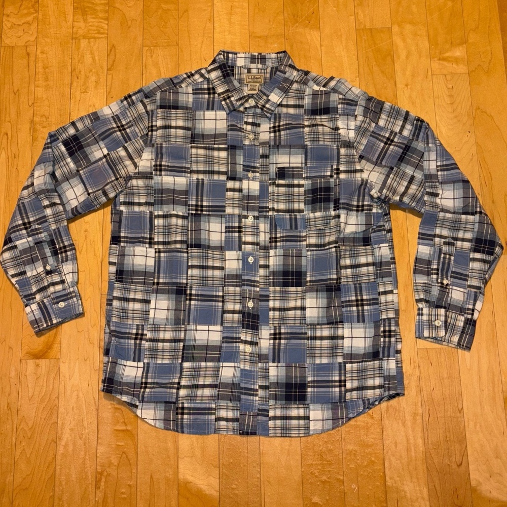 L.L. Bean Shirt M Button Down Front Patchwork Madras Blue White Medium Light wt